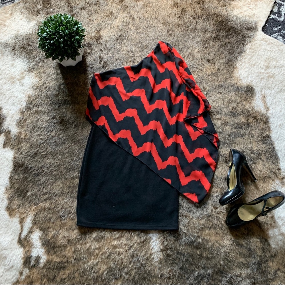 Macy’s asymmetrical black and red dress, small